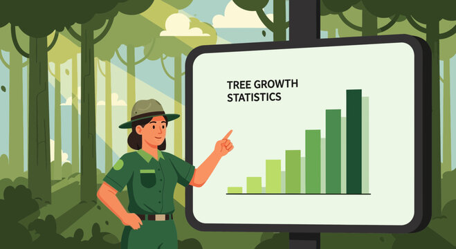 Forest ranger presenting tree growth statistics chart in nature park scenery