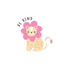 Cute lion with pink mane and “be kind” message in soft pastel style. Ideal for kidswear prints, nursery decor and positive animal-themed artwork.