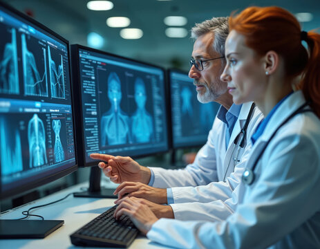 Doctors review patient scans on computer monitors. Medical experts collaborate on diagnosis using advanced imaging technology. Healthcare professionals analyze data and plan treatment in clinic.