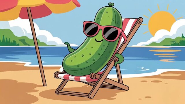 Cool pickle cartoon relaxing in beach chair with sunglasses at sunset