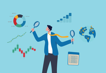 Business analysis, calculate or research for market growth, financial report, investment data or sale information concept, smart businessman analyst holding magnifying glass analyze graph and chart.