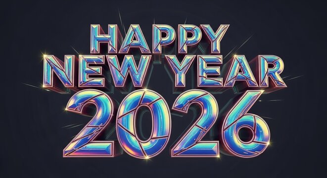 Happy new year 2026 text with metallic, fractured design on dark background