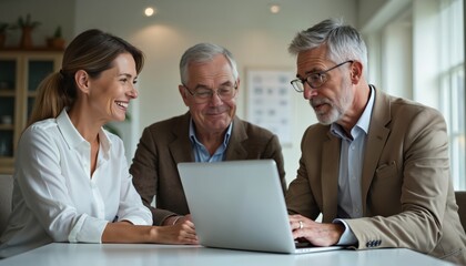 Financial advisor discusses investment options on laptop with middle aged couple. Three people collaborate in bright office setting. Professional consultation about wealth management, future planning.