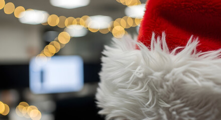 Gorro de Papá Noel sobre silla de oficina vacía con fondo de monitores y luces borrosas, concepto de vacaciones de Navidad, mensaje fuera de la oficina y cierre por fiestas
