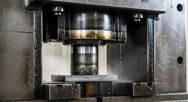 Close up of a metalworking machine with oil dripping during an industrial process operation