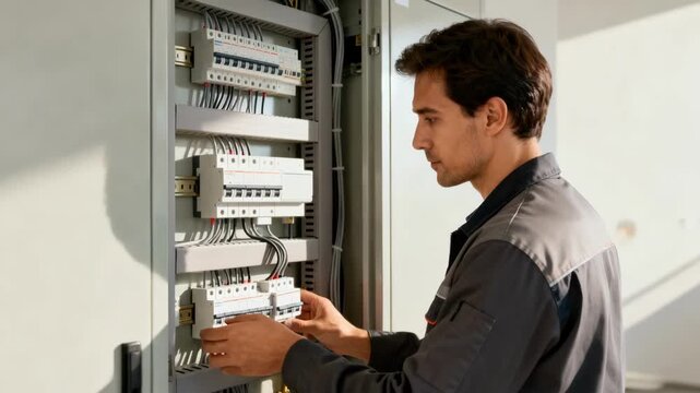 Medium shot of an electrician performing quick replacements on modular electrical components emphasizing easy maintenance and flexible adaptation in a modern electrical network.