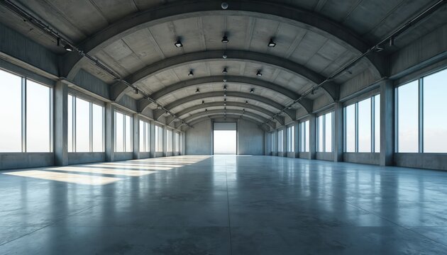 Vast empty concrete hall with arched ceiling and large windows. Sunlight streams onto the polished floor, creating reflections. Industrial space ready for use or renovation.