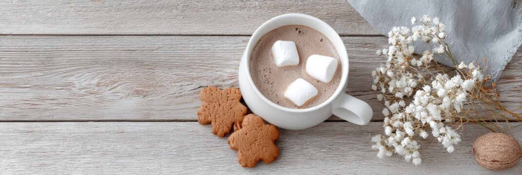 Warm cup of hot chocolate with marshmallows and gingerbread cookies beside flowers