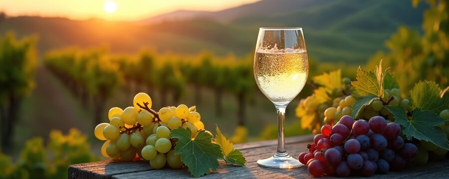 Glass of white wine sits on wooden table in vineyard at sunset. Bunches of green and red grapes rest nearby. Golden sun shines over rolling hills, creating warm atmosphere.