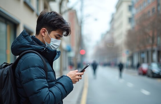 Young man wears face mask on city street using phone. Guy with backpack in mask uses smartphone for communication. Pandemic coronavirus protection safety awareness in urban enviroment. Male protects
