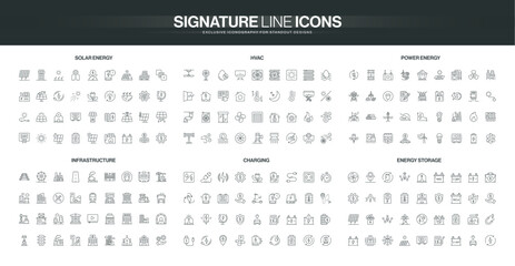 Comprehensive line icon set covers solar energy, HVAC, power, infrastructure, charging, and energy storage concepts for technology, industry, and sustainability isolated vector illustration © Icon Majesty