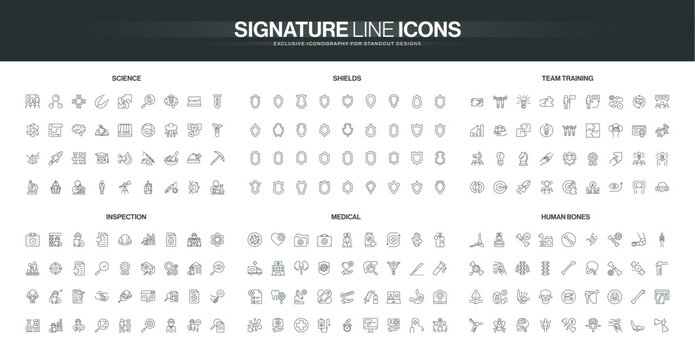 Set of thin line icons covering science, shields, team training, inspection, medical, and human bones topics, suitable for diverse educational and professional themes isolated vector illustration