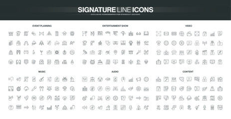 Collection of thin line icons for event planning, entertainment, video, music, audio, and content themes, covering modern media and creative industries isolated vector illustration