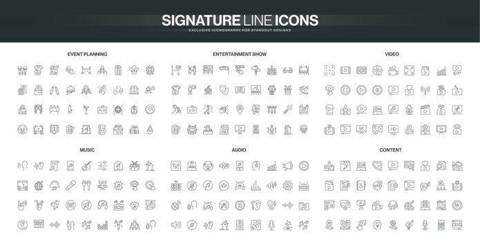Collection of thin line icons for event planning, entertainment, video, music, audio, and content themes, covering modern media and creative industries isolated vector illustration