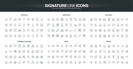 Line icons covering Christianity, migration, wellness, training, brain, and stress concepts, suitable for diverse informational and educational uses isolated vector illustration