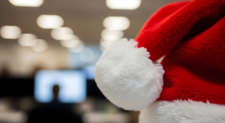 Santa hat with warm blurred office lights, horizontal Christmas background with copy space for corporate greeting banner