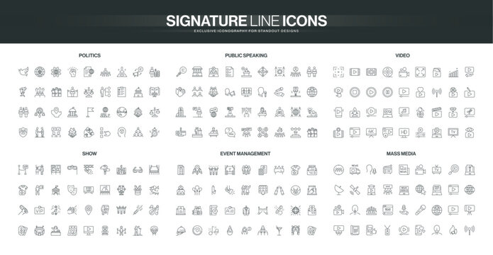 Line style icons set covers politics, public speaking, video production, show business, event management, and mass media themes, each with detailed symbols isolated vector illustration