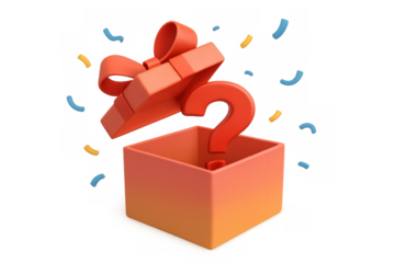 Gift box opening revealing a question mark and confetti on transparent background, symbolizing surprise and mystery