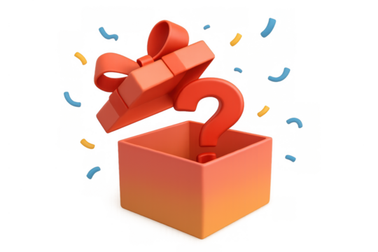 Gift box opening revealing a question mark and confetti on transparent background, symbolizing surprise and mystery