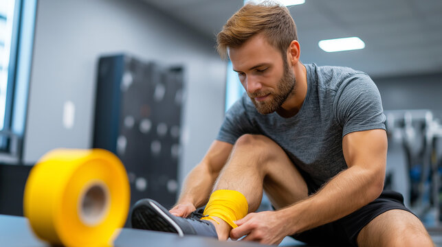 Athlete taping ankle with cohesive wrap before training, locker room bench, focused preparation, sports medicine vibe, with copy space