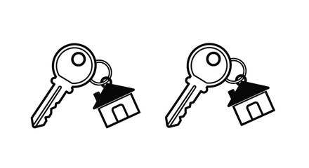 Two black and white illustrations of house keys with home charms