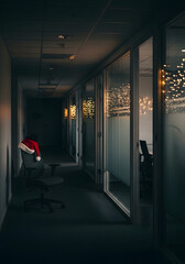 Oficina moderna vacía con gorros de Papá Noel en las sillas y luces cálidas tras la fiesta de Navidad corporativa