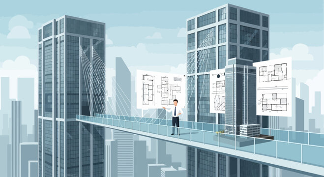 Futuristic architectural visualization with skybridge and blueprint designs displayed