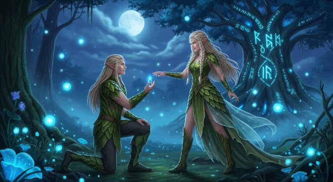 Magical Elven Proposal Under Enchanted Runestone Tree In Mystical Forest