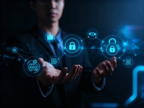 Data privacy concepts visualizing transparency, consent icons, encryption padlocks, control dials, ethical guidelines interconnected networks