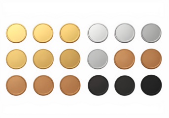 Generic Coins and Medals Set Gold Silver Bronze Matte Black Isolated on Transparent Background PNG