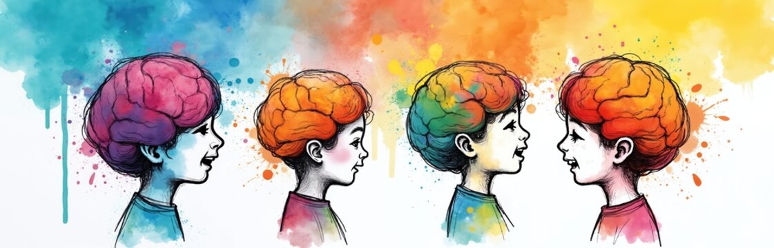 Four diverse children illustrated, with vibrant, multi-colored brain. Face with open mouths, suggesting active interaction, joyful conversation. Abstract art represents early education, fostering - Powered by Adobe
