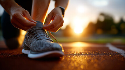 Runner tying shoe, ankle flexed, dynamic sunrise track scene, determination and motion, with copy space