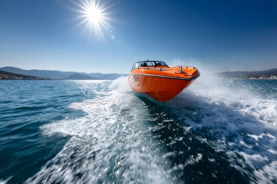 Orange speedboat jumping over water at high speed