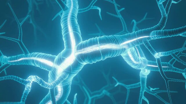 Glowing vascular hologram network showing branching arteries and veins with bright flowing light pulses, macro sci-fi medical style on dark teal background, futuristic anatomy visualization.