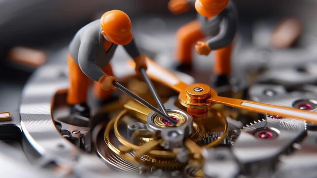 A clock with two men working on it. The men are wearing orange and gray clothing. The clock is a small model of a real clock