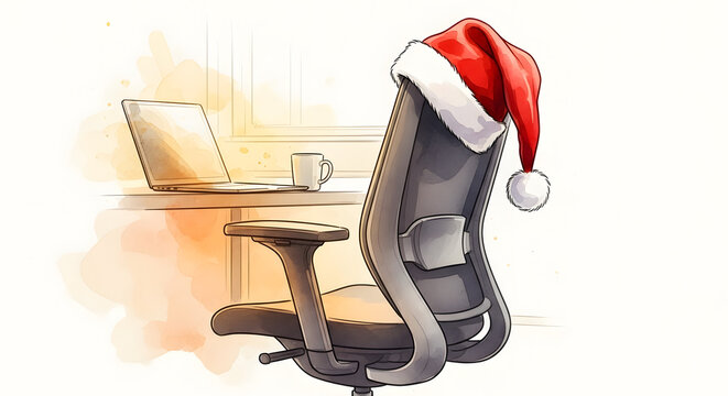Oficina en casa c&aacute;lida con silla de trabajo y gorro de Pap&aacute; Noel, teletrabajo productivo en Navidad