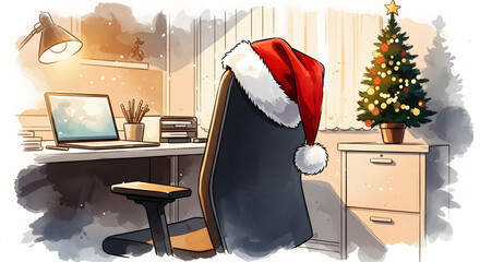 Oficina luminosa y moderna con ventanal, decoración navideña suave y silla con gorro; tono corporativo amigable.