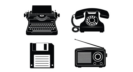 Vintage communication tools typewriter telephone floppy disk and radio