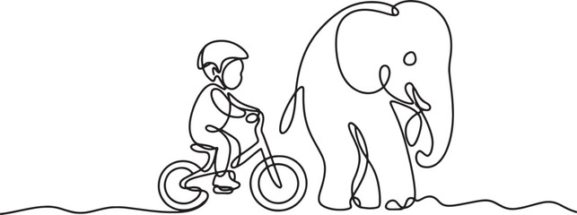 Fototapeta premium One Line Drawing of Child Cycling with Elephant Friend Simple Continuous Line Art Style Boy Riding Bicycle with Large Animal Minimalist Design for Kids Room Decor on Transparent