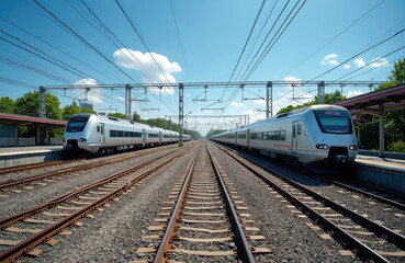 Fototapeta premium Silver commuter trains stand at station platforms under blue sky. Electric power lines above track. Railroad terminal station is without people on sunny day. Rail transportation infrastructure.