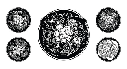 Five decorative black and white plates with floral and geometric designs