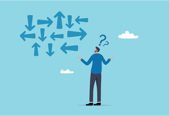 Confusion, frustration or decision making, mess, dilemma or complicated problem, lack of understanding, uncertain concept, confused frustrated businessman look at direction arrows with question marks.