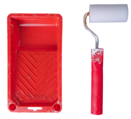 Paint tray with paint roller on an isolated background.