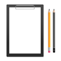 Realistic clipboard with pencil. Office folder. Notepad information board mockup. Paper on black board with holder. Vector illustration