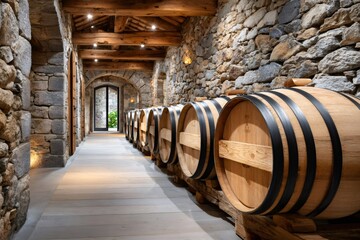 Wine barrels aging in rustic stone cellar corridor