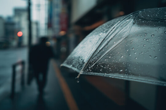Clear plastic umbrella with raindrops city street background rainy weather urban scene moody atmosphere blurred silhouette wet pavement overcast day solitude reflection - Powered by Adobe