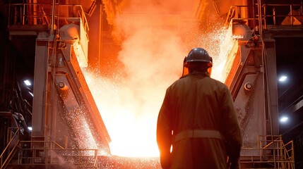 Caucasian male worker overseeing molten metal pouring in industrial foundry