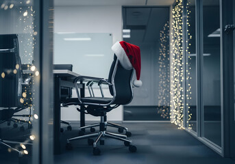 Minimal office with Santa hat on chair and large empty wall providing Christmas business copy space