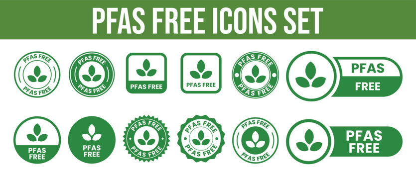 PFAS Free Label Icon Set. Circle Badge, Stamp, Logo, Symbol, Emblem Design. Black Line Vector Isolated on White Background for Non-Toxic, Chemical-Free, Eco-Friendly Product Packaging.	