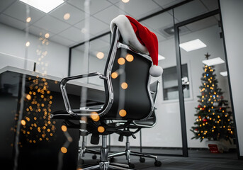 Office chair with Santa hat and blurred Christmas tree lights symbolizing corporate Christmas party celebration
